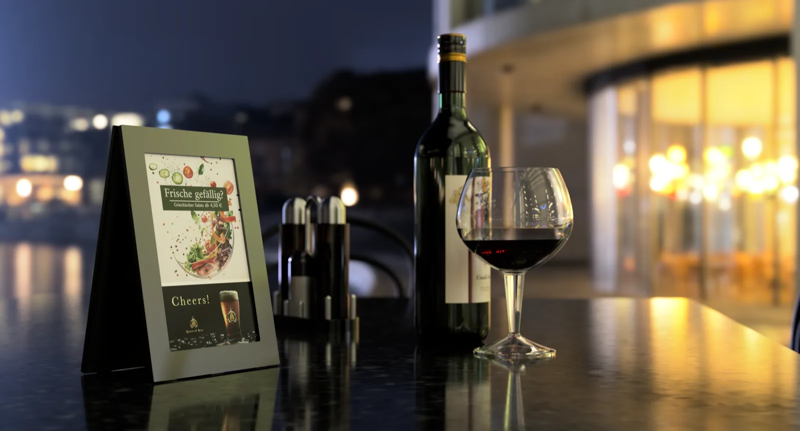 Dinio E-Paper Display in a bar setting